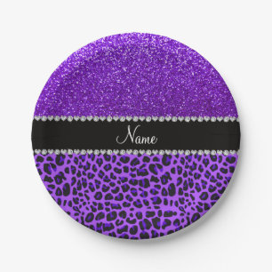 Custom name purple leopard indigo purple glitter paper plate