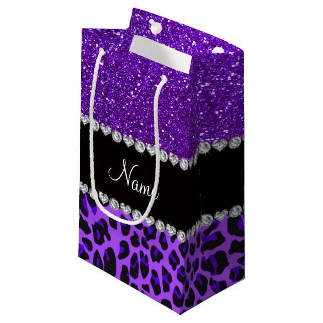 Custom name purple leopard indigo purple glitter small gift bag (Front Angled)