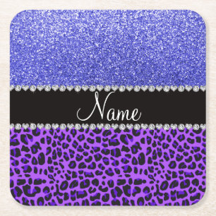 Custom name purple leopard neon blue glitter square paper coaster
