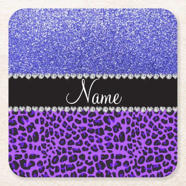 Custom name purple leopard neon blue glitter square paper coaster (Front)