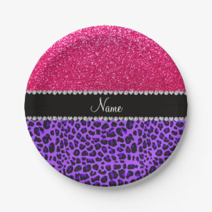 Custom name purple leopard neon hot pink glitter paper plate
