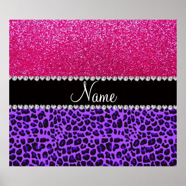 Custom name purple leopard neon hot pink glitter poster (Front)