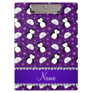 Custom name purple penguins igloos snowflakes clipboard