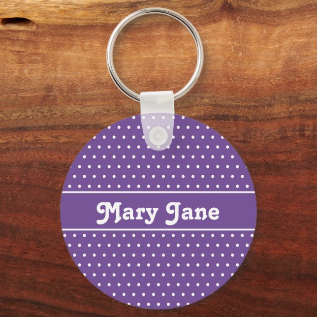 Custom Name Purple Polka Dot Key Ring (Front)