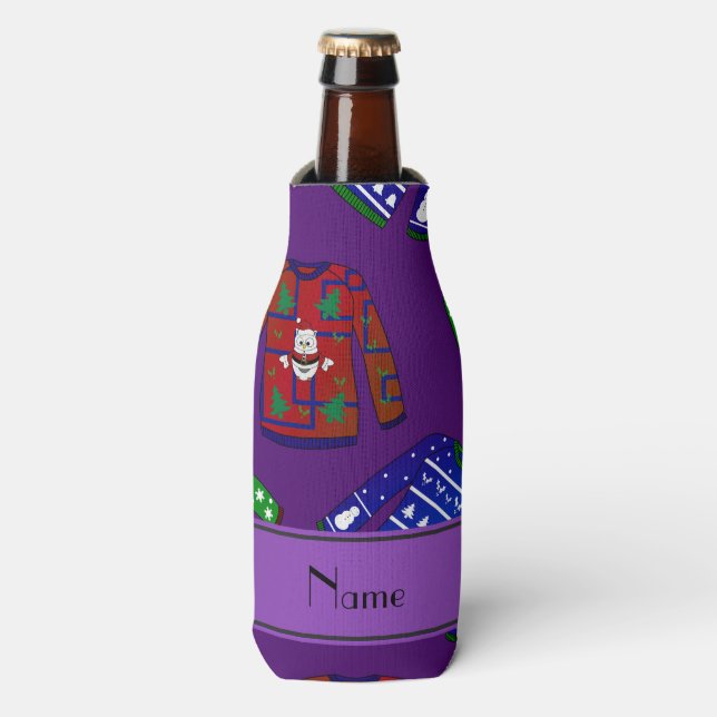 Custom name purple ugly christmas sweater pattern bottle cooler (Bottle Front)