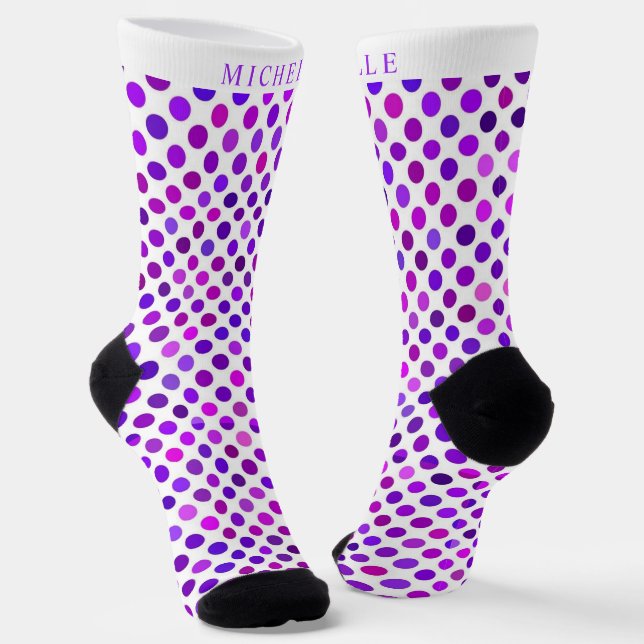 Custom Name purple Violet White Polka Dot Socks (Angled)