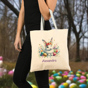  Custom Name Rabbit Flowers Easter Egg Hunt Tote Bag