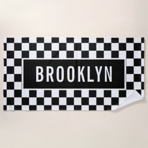 Custom Name Racing Chequerboard Pattern Classic Beach Towel