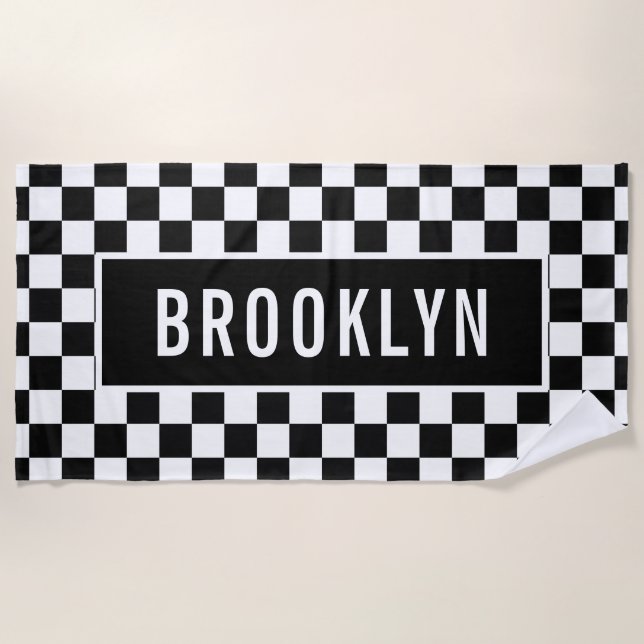Custom Name Racing Chequerboard Pattern Classic Beach Towel (Front)