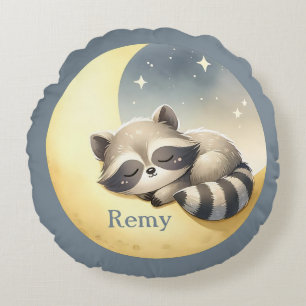 Custom Name Racoon on the Moon Cute Nursery Round Cushion