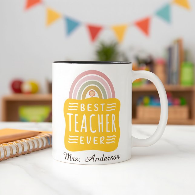 Custom Name Rainbow Best Teacher Ever Appreciation Two-Tone Coffee Mug (Creator Uploaded)