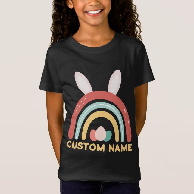 Custom Name Rainbow Egg Bunny Ear Cute Easter T-Shirt (Front)