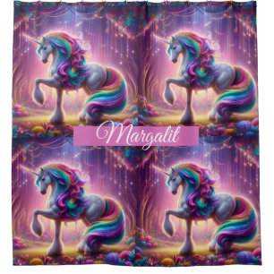 Custom Name Rainbow Faux Glitter Unicorn Shower Curtain