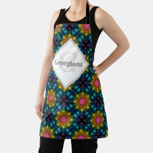 Custom Name Rainbow Floral Fountain Diamond Tiles Apron