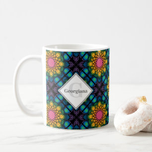 Custom Name Rainbow Floral Fountain Diamond Tiles Coffee Mug