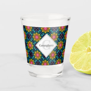 Custom Name Rainbow Floral Fountain Diamond Tiles Shot Glass