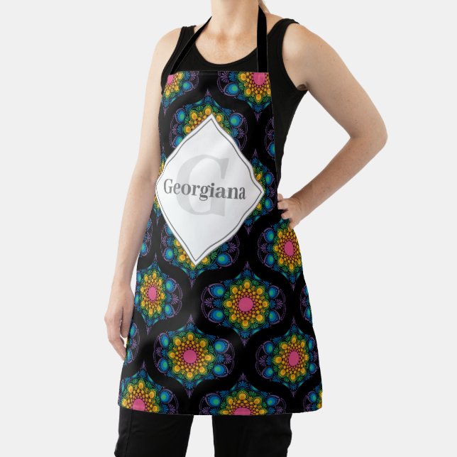 Custom Name Rainbow Floral Fountain Mid Mod Ogee Apron (Insitu)