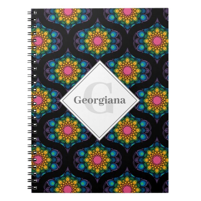 Custom Name Rainbow Floral Fountain Mid Mod Ogee Notebook (Front)