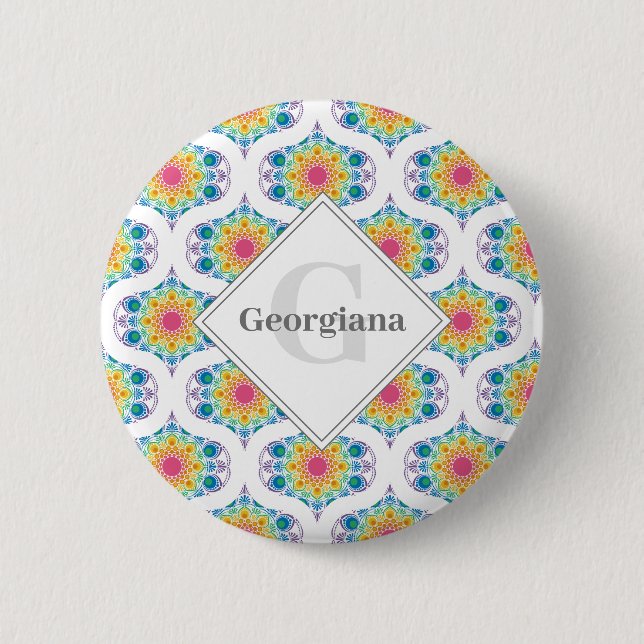 Custom Name Rainbow Floral Mandala Retro Ogee 6 Cm Round Badge (Front)