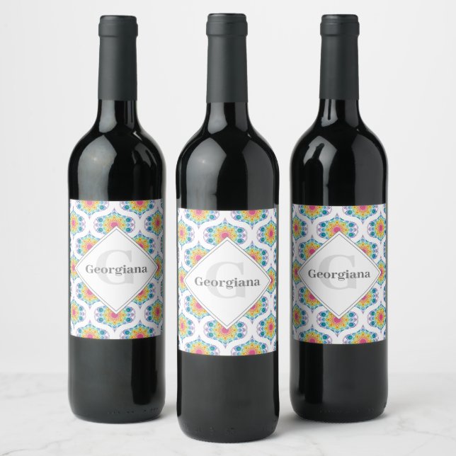 Custom Name Rainbow Floral Mandala Retro Ogee Wine Label (Bottles)