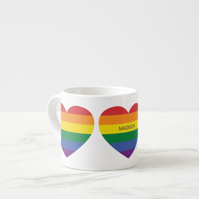 Custom Name Rainbow Heart Espresso Cup (Front Left)