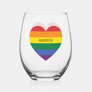 Custom Name Rainbow Heart Stemless Wine Glass