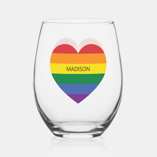 Custom Name Rainbow Heart Stemless Wine Glass (Front)