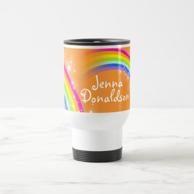 Custom name rainbow orange travel / club mug (Center)