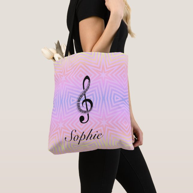 Custom Name Rainbow/Pastel Stars Treble Clef Music Tote Bag (Close Up)