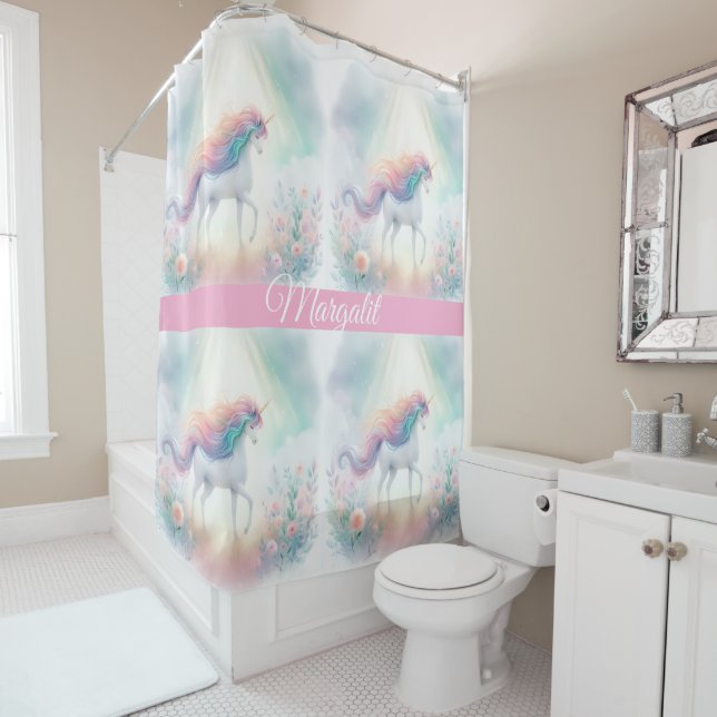 Custom Name Rainbow Unicorn Shower Curtain (In Situ)