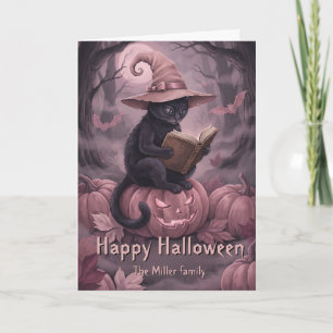 Custom Name Reading Black Cat & Pink Pumpkins Card