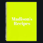 Custom Name Recipe Book Mother's day Birthday gift<br><div class="desc">Custom Name Recipe Book Mother's day Birthday gift Notebook
you can customise the text,  name,  etc
White letters,  Chartreuse green background,  spiral bound
great gift for mum!</div>