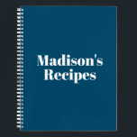 Custom Name Recipe Book Mother's day Birthday gift<br><div class="desc">Custom Name Recipe Book Mother's day Birthday gift Notebook
you can customise the text,  name,  etc
White letters,  teal blue background,  spiral bound
great gift for mum!</div>