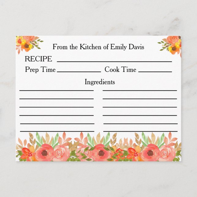 Custom Name Recipe Cards with Flowers and Greenery (Front)