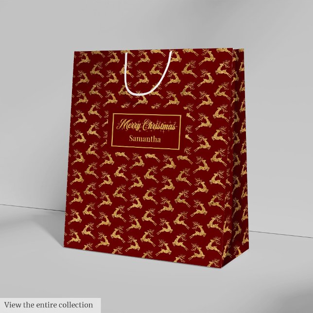 Custom Name Red and Gold Reindeer Gift Bag (Custom Name Red and Gold Reindeer Gift Bag)