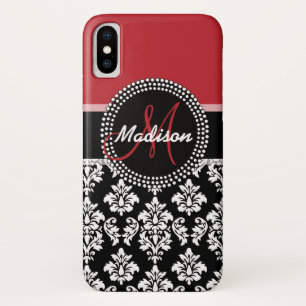 Custom Name Red Black Damask Pattern Monogram Case-Mate iPhone Case
