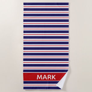 Custom Name Red Blue And White Cabana Stripe Beach Towel