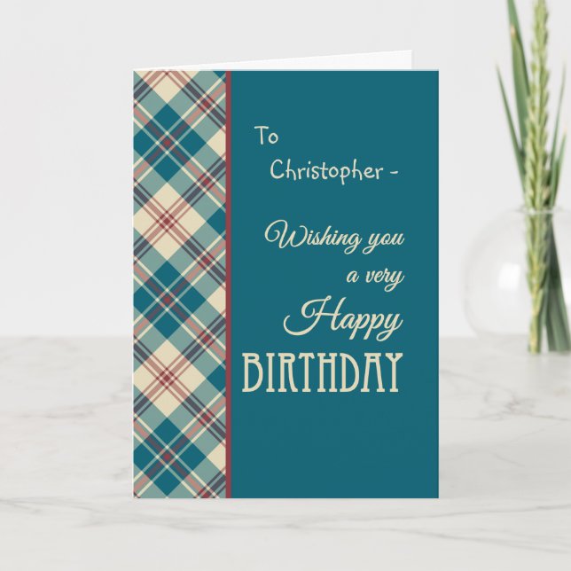 Custom Name Red Blue Madras Check Birthday Card (Front)