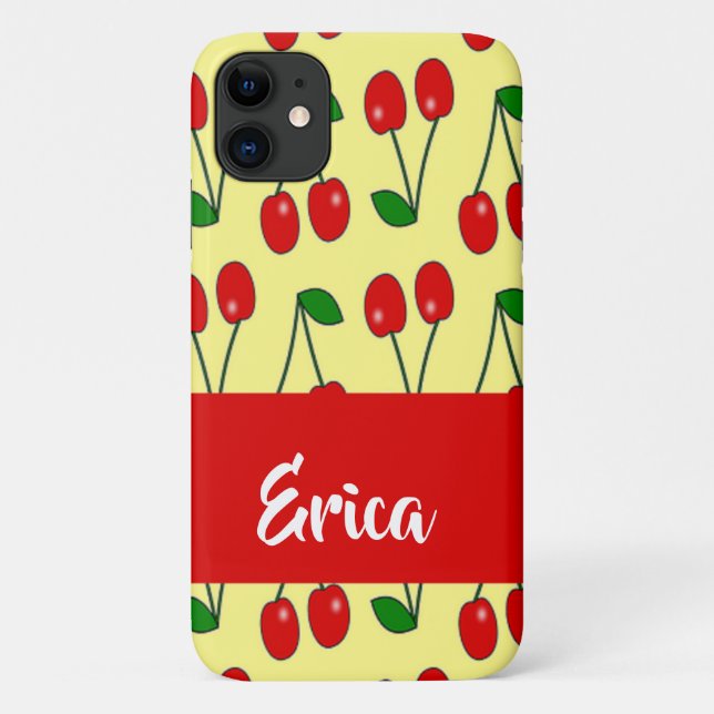 Custom name red cherries on yellow Case-Mate iPhone case (Back)