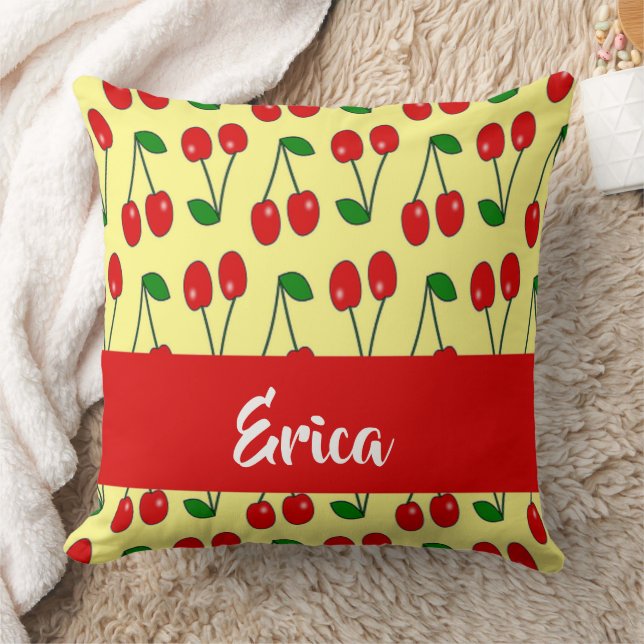 Custom name red cherries on yellow cushion (Blanket)