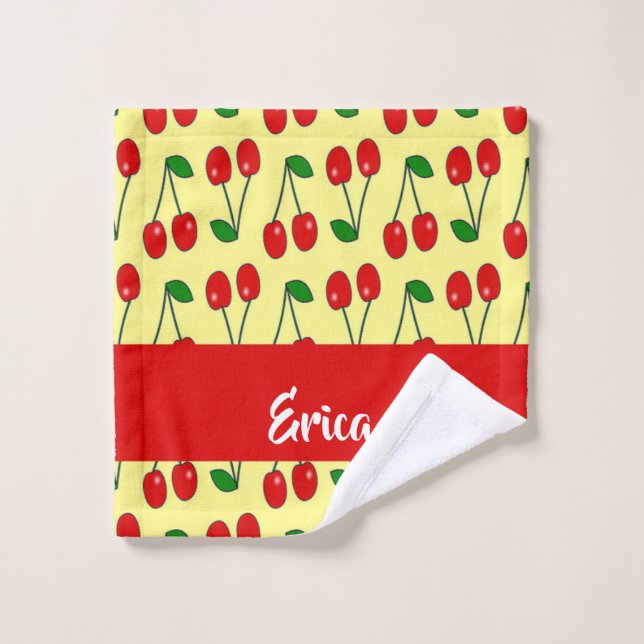 Custom name red cherries on yellow wash cloth (Wash Cloth)