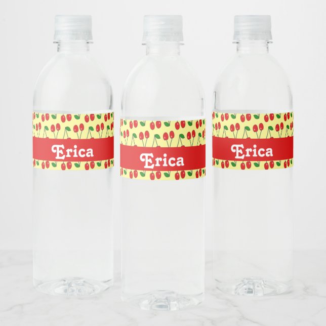 Custom name red cherries on yellow water bottle label (Bottles)