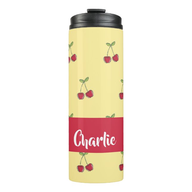 Custom name red cherries pattern thermal tumbler (Front)