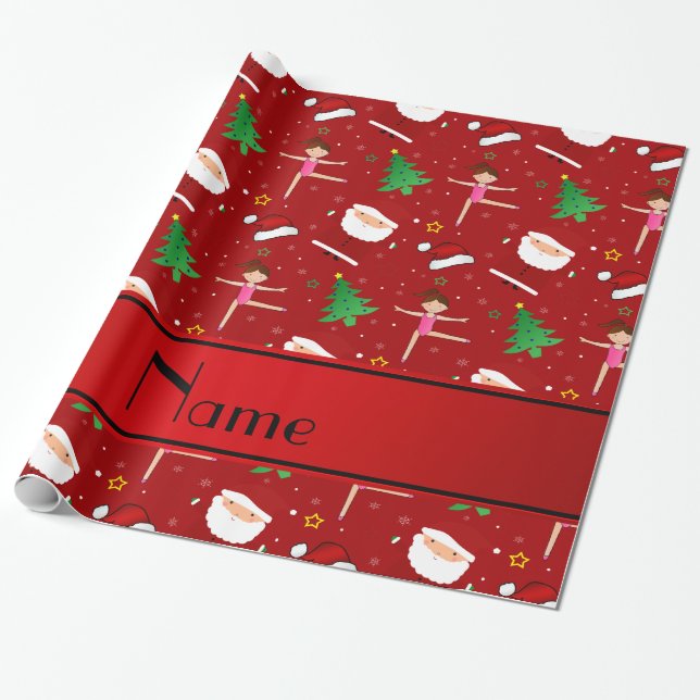 Custom name red christmas gymnastics santas wrapping paper (Unrolled)