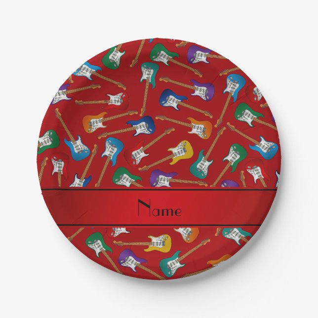 Custom name red colourful electric guitars paper plate (Front)