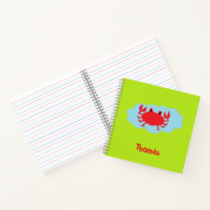 Custom name red crab on blue and green notebook
