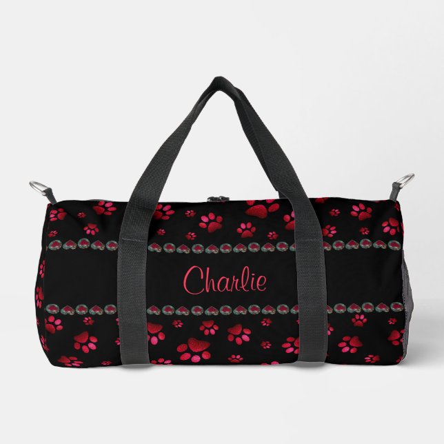 Custom name, red glitter dog paws duffle bag (Front)