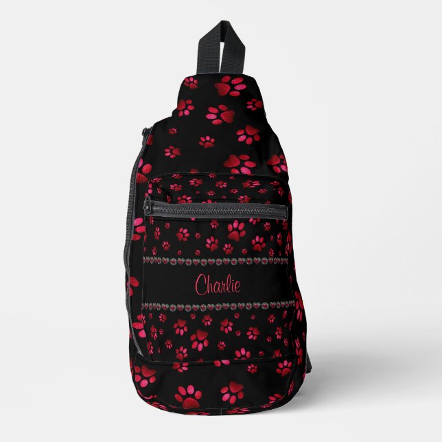 Custom name, red glitter dog paws sling bag (Front)