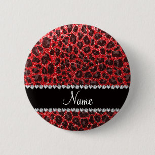 Custom name red glitter leopard spots 6 cm round badge