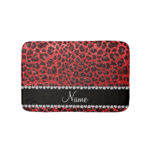 Custom name red glitter leopard spots bath mat